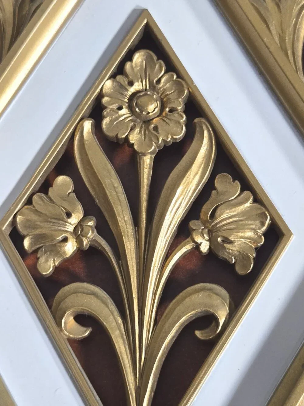 Vintage 1970s Homco Gold Diamond Floral Wall Art - Faux Wood Resin Set of 4